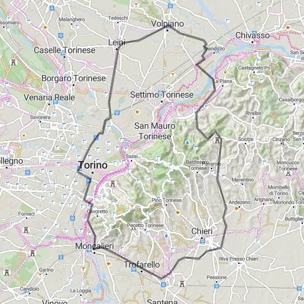 Miniaturní mapa "Road Turín-Volpiano-Castiglione Torinese-Sella la Rezza-Cambiano" inspirace pro cyklisty v oblasti Piemonte, Italy. Vytvořeno pomocí plánovače tras Tarmacs.app