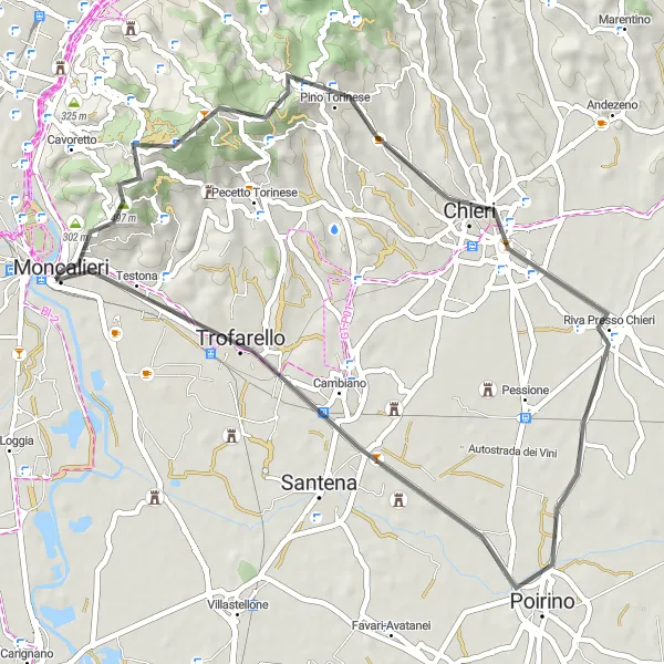 Miniatura della mappa di ispirazione al ciclismo "Road Route: Moncalieri - Colle della Maddalena - Trofarello" nella regione di Piemonte, Italy. Generata da Tarmacs.app, pianificatore di rotte ciclistiche