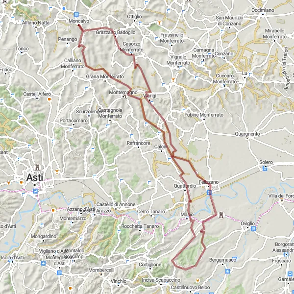 Miniatura della mappa di ispirazione al ciclismo "Strade Bianche del Monferrato" nella regione di Piemonte, Italy. Generata da Tarmacs.app, pianificatore di rotte ciclistiche
