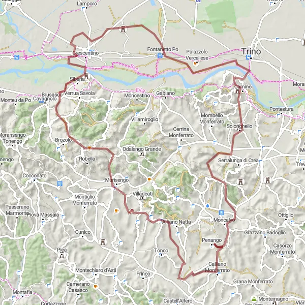 Karttaminiaatyyri "Bric Pollone - Brusasco - Crescentino - Palazzolo Vercellese - Camino - Belvedere Bonaventura - Moncalvo" pyöräilyinspiraatiosta alueella Piemonte, Italy. Luotu Tarmacs.app pyöräilyreittisuunnittelijalla