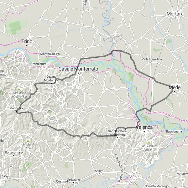 Miniatua del mapa de inspiración ciclista "Ruta de ciclismo en carretera desde Belvedere Bonaventura hasta Moncalvo" en Piemonte, Italy. Generado por Tarmacs.app planificador de rutas ciclistas