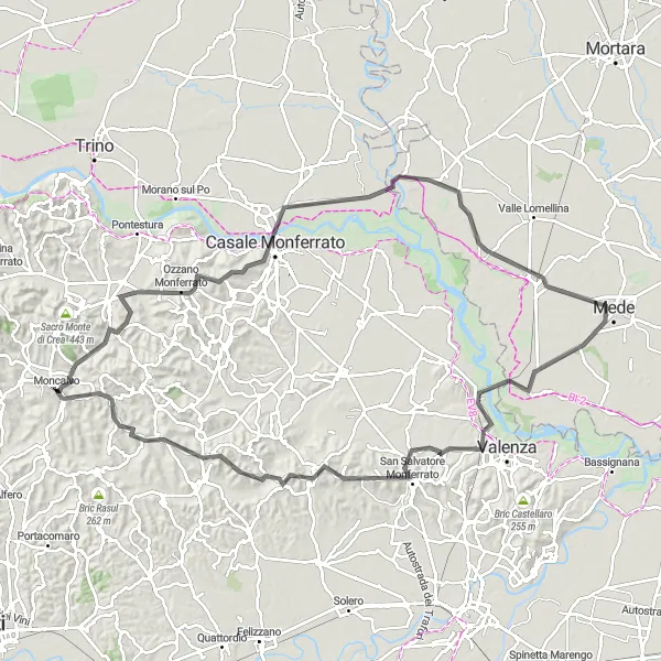 Mapa miniatúra "Cyklotrasa Casale Monferrato - Moncalvo" cyklistická inšpirácia v Piemonte, Italy. Vygenerované cyklistickým plánovačom trás Tarmacs.app