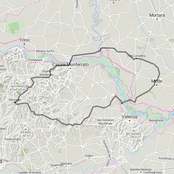 Miniatura della mappa di ispirazione al ciclismo "Vigneto e Castelli del Monferrato" nella regione di Piemonte, Italy. Generata da Tarmacs.app, pianificatore di rotte ciclistiche