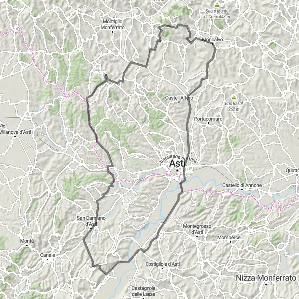 Kartminiatyr av "Calliano Monferrato - Guazzolo Route" cykelinspiration i Piemonte, Italy. Genererad av Tarmacs.app cykelruttplanerare