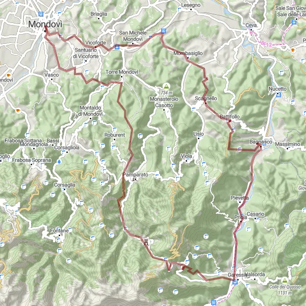 Miniaturekort af cykelinspirationen "Gravel Eventyr i Mondovì" i Piemonte, Italy. Genereret af Tarmacs.app cykelruteplanlægger