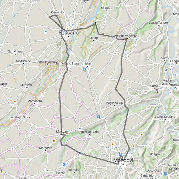 Zemljevid v pomanjšavi "Kolesarska pot Okoli Mondovìja" kolesarske inspiracije v Piemonte, Italy. Generirano z načrtovalcem kolesarskih poti Tarmacs.app