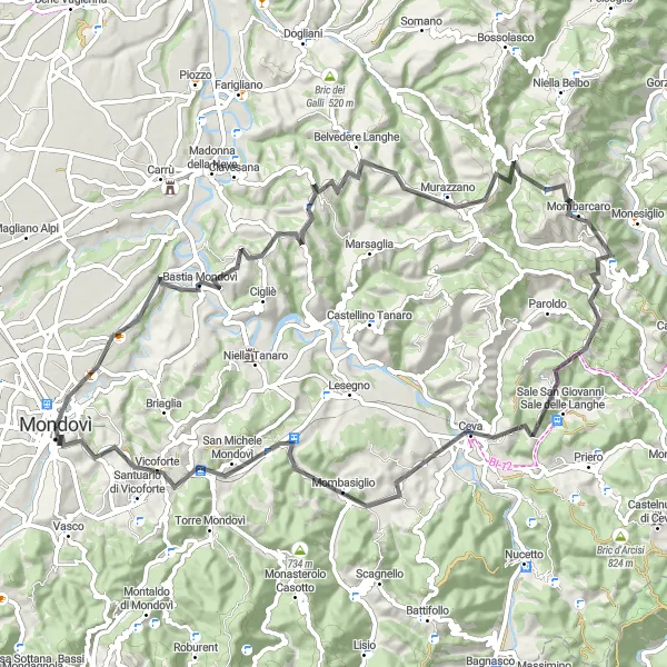 Miniatura mapy "Pełne wyzwań odcinki drogi wokół Mondovì" - trasy rowerowej w Piemonte, Italy. Wygenerowane przez planer tras rowerowych Tarmacs.app