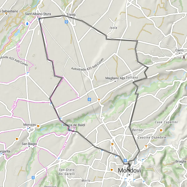 Miniatua del mapa de inspiración ciclista "Ruta rural alrededor de Mondovì" en Piemonte, Italy. Generado por Tarmacs.app planificador de rutas ciclistas