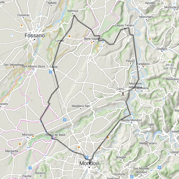 Miniatua del mapa de inspiración ciclista "Ruta de los viñedos de Mondovì" en Piemonte, Italy. Generado por Tarmacs.app planificador de rutas ciclistas