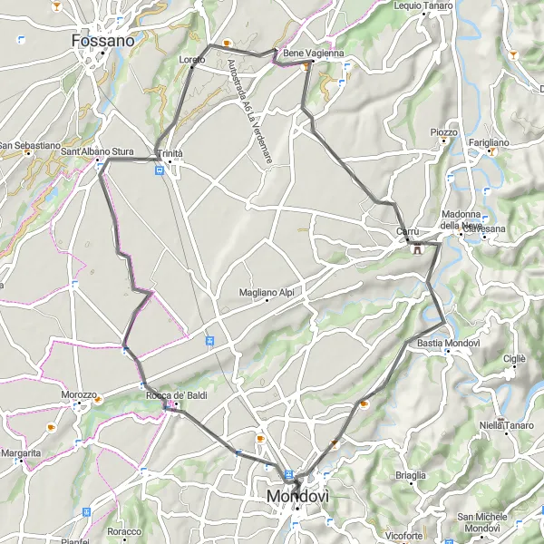Miniaturní mapa "Cyklovýlet kolem Bastia Mondovì" inspirace pro cyklisty v oblasti Piemonte, Italy. Vytvořeno pomocí plánovače tras Tarmacs.app