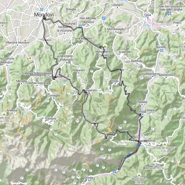 Miniatua del mapa de inspiración ciclista "Ruta de Ciclismo de Carretera en los Alrededores de Mondovì" en Piemonte, Italy. Generado por Tarmacs.app planificador de rutas ciclistas