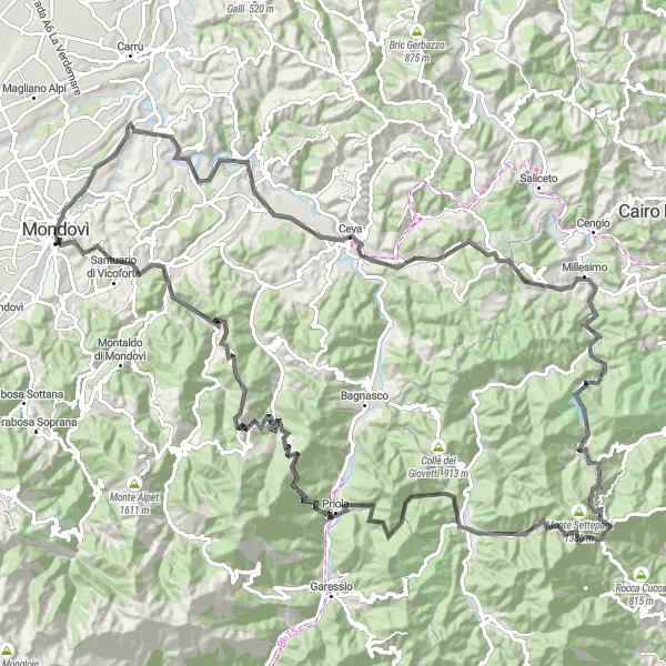 Map miniature of "The Ultimate Challenge: Melogno Expedition" cycling inspiration in Piemonte, Italy. Generated by Tarmacs.app cycling route planner