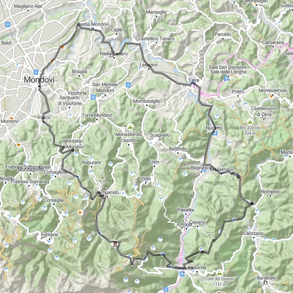 Miniature de la carte de l'inspiration cycliste "Tour Monte Calvo" dans la Piemonte, Italy. Générée par le planificateur d'itinéraire cycliste Tarmacs.app