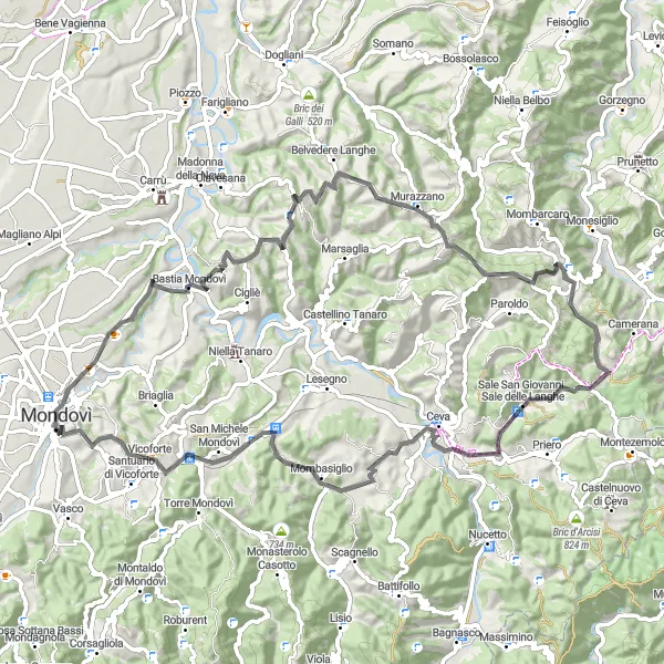 Map miniature of "Mondovì and Surrounding Hills" cycling inspiration in Piemonte, Italy. Generated by Tarmacs.app cycling route planner