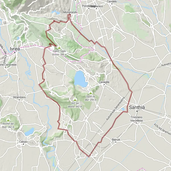 Miniatura della mappa di ispirazione al ciclismo "Giro in Gravel intorno a Mongrando" nella regione di Piemonte, Italy. Generata da Tarmacs.app, pianificatore di rotte ciclistiche