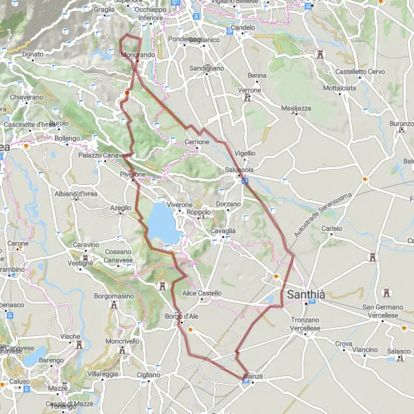 Map miniature of "Gravel Adventure near Mongrando" cycling inspiration in Piemonte, Italy. Generated by Tarmacs.app cycling route planner