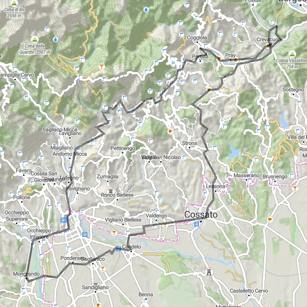 Miniatua del mapa de inspiración ciclista "Ruta de Carretera de Mongrando a Gaglianico" en Piemonte, Italy. Generado por Tarmacs.app planificador de rutas ciclistas
