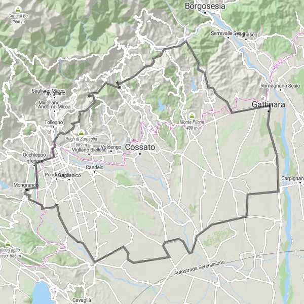 Karttaminiaatyyri "Maantiepyöräilyreitti läheltä Mongrandoa" pyöräilyinspiraatiosta alueella Piemonte, Italy. Luotu Tarmacs.app pyöräilyreittisuunnittelijalla