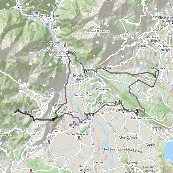 Map miniature of "Scenic Road Cycling Tour near Mongrando" cycling inspiration in Piemonte, Italy. Generated by Tarmacs.app cycling route planner