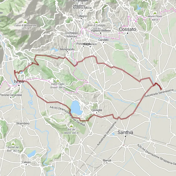 Miniatura della mappa di ispirazione al ciclismo "Giro in Gravel da Montalto Dora" nella regione di Piemonte, Italy. Generata da Tarmacs.app, pianificatore di rotte ciclistiche