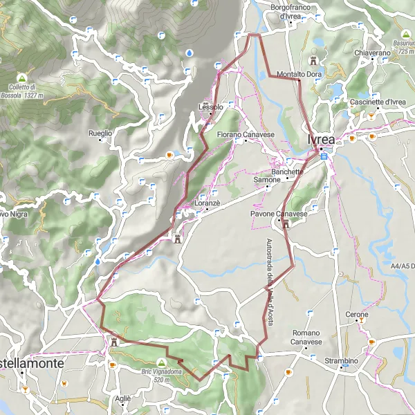 Miniatura della mappa di ispirazione al ciclismo "Percorso in bicicletta gravel da Montalto Dora al Castello di Montalto" nella regione di Piemonte, Italy. Generata da Tarmacs.app, pianificatore di rotte ciclistiche