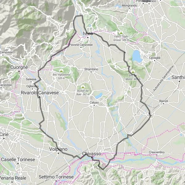 Mapa miniatúra "Okruh cez Montalto Dora" cyklistická inšpirácia v Piemonte, Italy. Vygenerované cyklistickým plánovačom trás Tarmacs.app