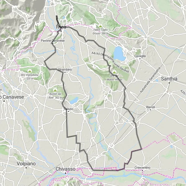 Miniatura della mappa di ispirazione al ciclismo "Giro in bicicletta da Montalto Dora a Monte Nero e oltre" nella regione di Piemonte, Italy. Generata da Tarmacs.app, pianificatore di rotte ciclistiche