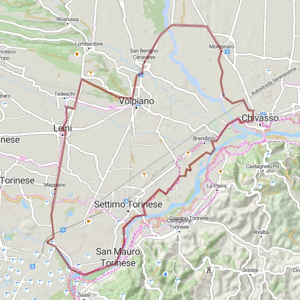 Map miniature of "The Brandizzo Loop" cycling inspiration in Piemonte, Italy. Generated by Tarmacs.app cycling route planner