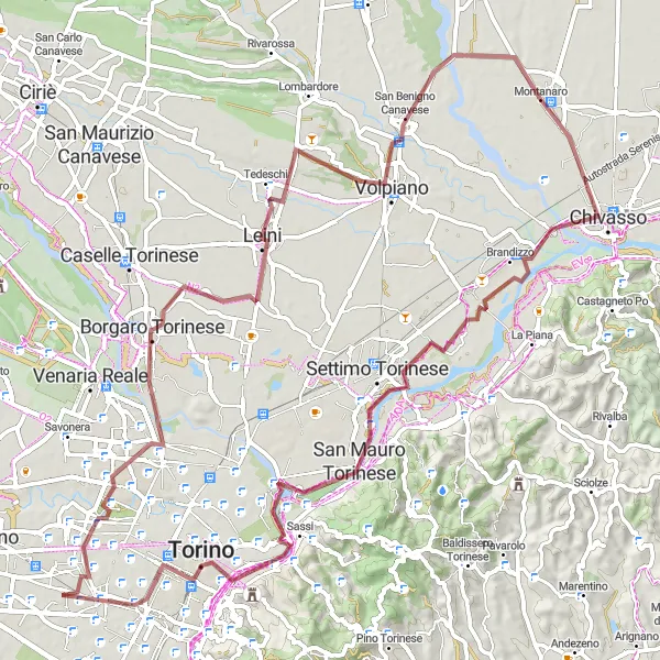 Miniatura della mappa di ispirazione al ciclismo "Montanaro - Chivasso - Turin - Montanaro" nella regione di Piemonte, Italy. Generata da Tarmacs.app, pianificatore di rotte ciclistiche