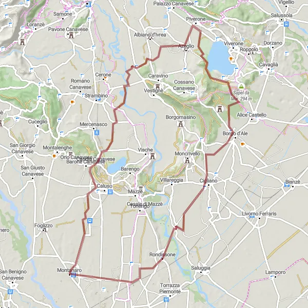 Kartminiatyr av "Montanaro - Monte Chiaro - Borgo d'Ale - Rondissone - Montanaro" sykkelinspirasjon i Piemonte, Italy. Generert av Tarmacs.app sykkelrutoplanlegger