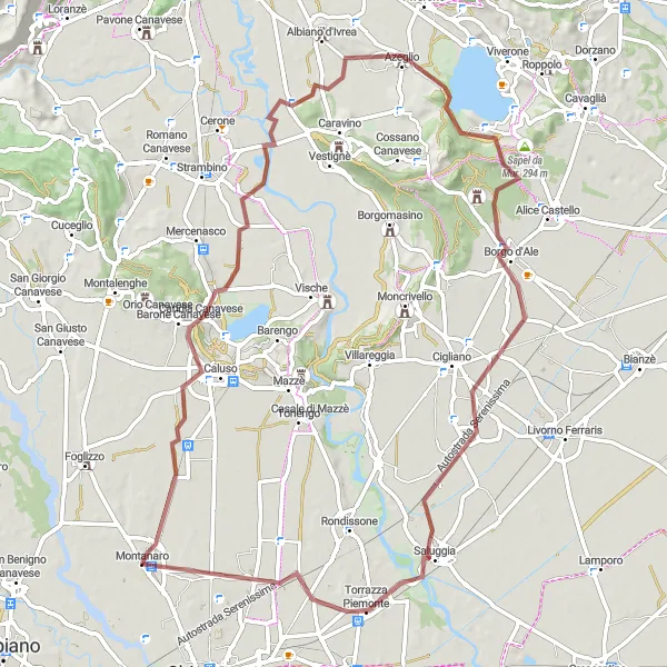 Miniaturní mapa "Gravel cyklistická trasa kolem Montanaro" inspirace pro cyklisty v oblasti Piemonte, Italy. Vytvořeno pomocí plánovače tras Tarmacs.app