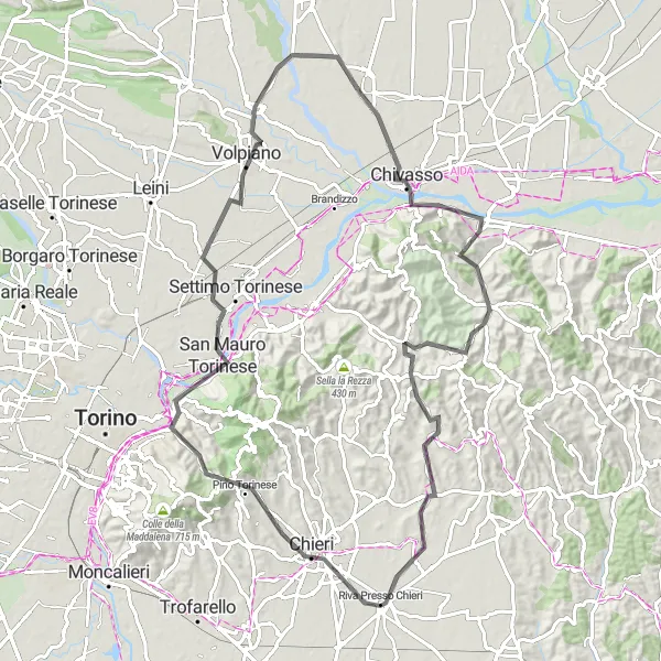 Miniaturní mapa "Road Route - Montanaro to Volpiano Loop" inspirace pro cyklisty v oblasti Piemonte, Italy. Vytvořeno pomocí plánovače tras Tarmacs.app