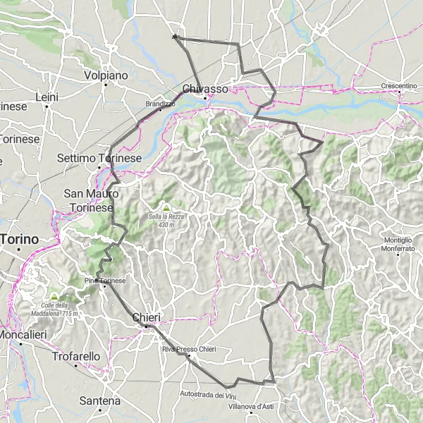 Miniaturní mapa "Road Route - Montanaro to Chivasso Adventure" inspirace pro cyklisty v oblasti Piemonte, Italy. Vytvořeno pomocí plánovače tras Tarmacs.app