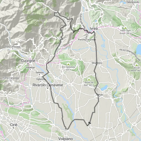 Map miniature of "Mountainous Loop to Mondone" cycling inspiration in Piemonte, Italy. Generated by Tarmacs.app cycling route planner