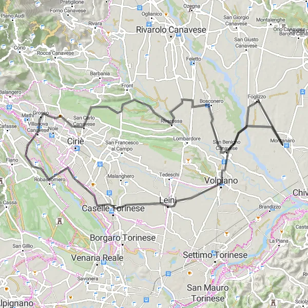 Miniaturní mapa "Krátká cyklotrasa blízko Montanara" inspirace pro cyklisty v oblasti Piemonte, Italy. Vytvořeno pomocí plánovače tras Tarmacs.app