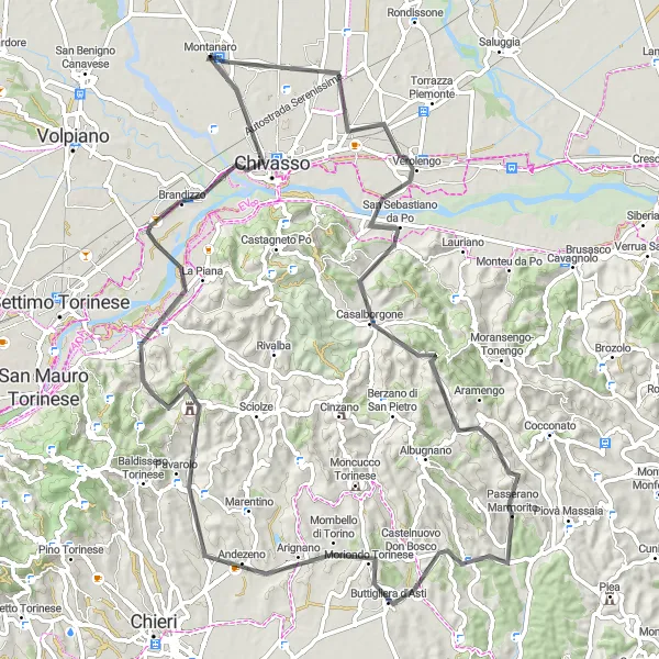 Miniaturní mapa "Cyklotrasa okolo Montanara" inspirace pro cyklisty v oblasti Piemonte, Italy. Vytvořeno pomocí plánovače tras Tarmacs.app