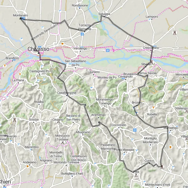 Miniaturní mapa "Náročná cyklotrasa kolem Montanara" inspirace pro cyklisty v oblasti Piemonte, Italy. Vytvořeno pomocí plánovače tras Tarmacs.app