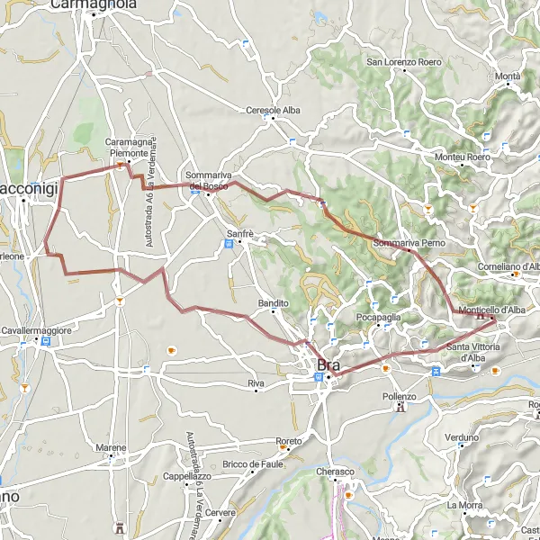 Karttaminiaatyyri "Maaseutureitti La Zizzolan kautta Monticello d'Albaan" pyöräilyinspiraatiosta alueella Piemonte, Italy. Luotu Tarmacs.app pyöräilyreittisuunnittelijalla