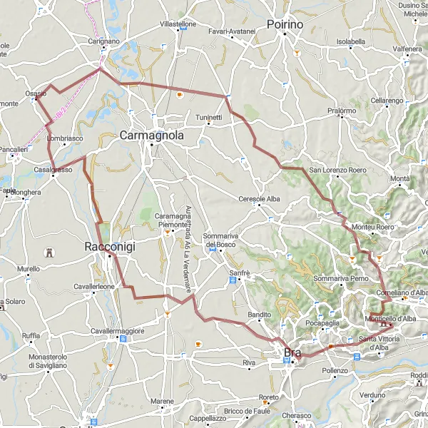 Miniature de la carte de l'inspiration cycliste "Circuit autour du Roero et Alba" dans la Piemonte, Italy. Générée par le planificateur d'itinéraire cycliste Tarmacs.app