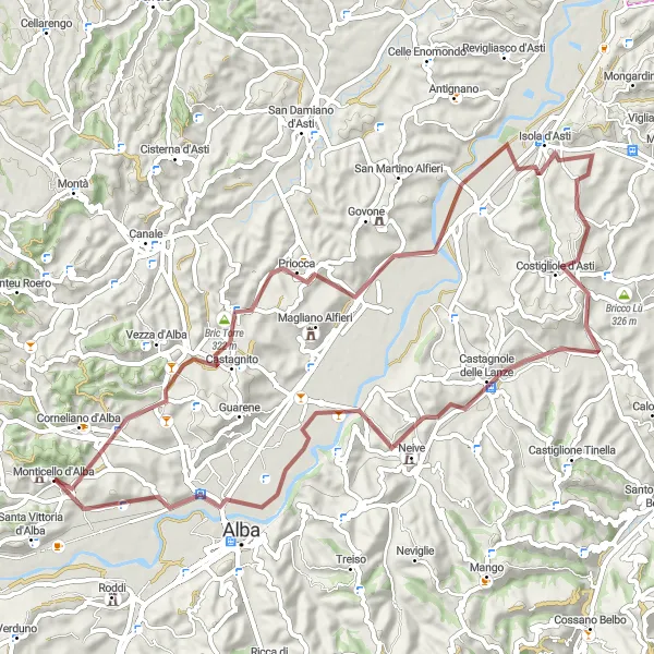 Kartminiatyr av "Grusvei Eventyr fra Monticello d'Alba" sykkelinspirasjon i Piemonte, Italy. Generert av Tarmacs.app sykkelrutoplanlegger