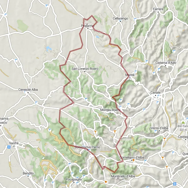 Kartminiatyr av "Grusvägar till Castello dei Roero" cykelinspiration i Piemonte, Italy. Genererad av Tarmacs.app cykelruttplanerare