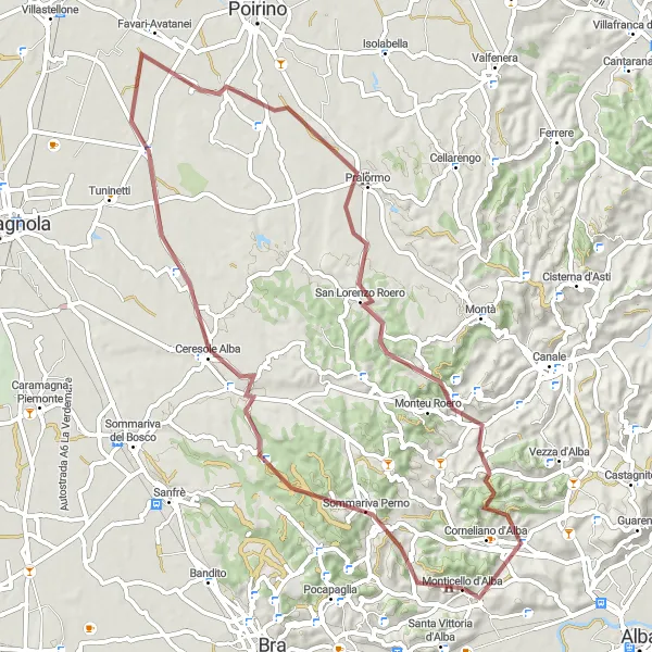 Mapa miniatúra "Gravel adventure near Monticello d'Alba" cyklistická inšpirácia v Piemonte, Italy. Vygenerované cyklistickým plánovačom trás Tarmacs.app