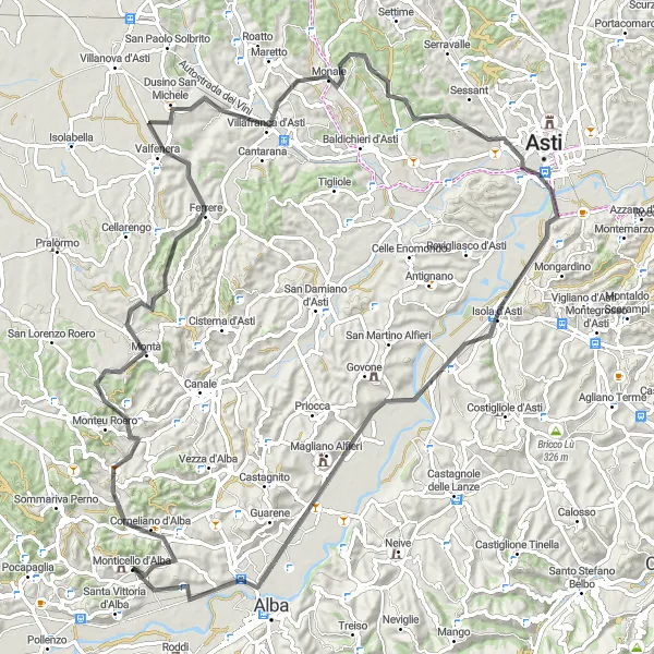 Zemljevid v pomanjšavi "Pot po Dolini Asti z obiskom Astija in Isola d'Asti" kolesarske inspiracije v Piemonte, Italy. Generirano z načrtovalcem kolesarskih poti Tarmacs.app