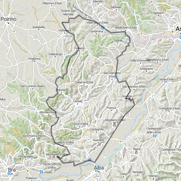 Zemljevid v pomanjšavi "Kolesarska pot obišče Santo Stefano Roero in San Martino Alfieri" kolesarske inspiracije v Piemonte, Italy. Generirano z načrtovalcem kolesarskih poti Tarmacs.app