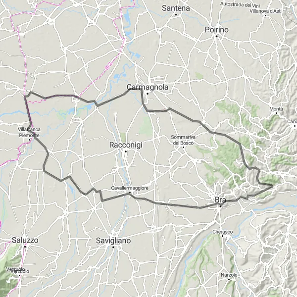 Miniatura della mappa di ispirazione al ciclismo "Dal Barolo al Roero" nella regione di Piemonte, Italy. Generata da Tarmacs.app, pianificatore di rotte ciclistiche