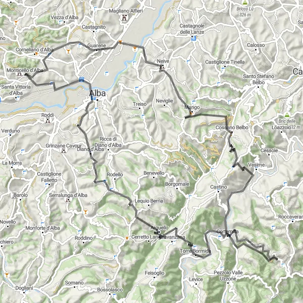 Map miniature of "Langhe Hills Loop" cycling inspiration in Piemonte, Italy. Generated by Tarmacs.app cycling route planner