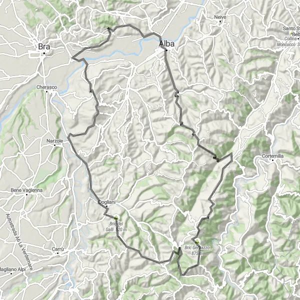 Miniatuurkaart van de fietsinspiratie "Langste wegfietsroute met hoogtepunten zoals Scaparone, Cerretto Langhe, Bricchetto, Mombarcaro, Bric dei Galli, Monchiero en Pollenzo" in Piemonte, Italy. Gemaakt door de Tarmacs.app fietsrouteplanner