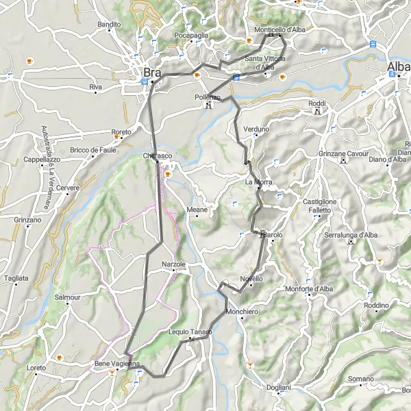 Map miniature of "Road Cycling to Cherasco" cycling inspiration in Piemonte, Italy. Generated by Tarmacs.app cycling route planner
