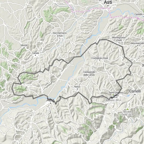 Miniatua del mapa de inspiración ciclista "Ruta de ciclismo de carretera cercana a Monticello d'Alba" en Piemonte, Italy. Generado por Tarmacs.app planificador de rutas ciclistas