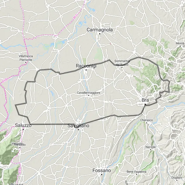 Miniatura della mappa di ispirazione al ciclismo "Nel cuore delle Langhe" nella regione di Piemonte, Italy. Generata da Tarmacs.app, pianificatore di rotte ciclistiche